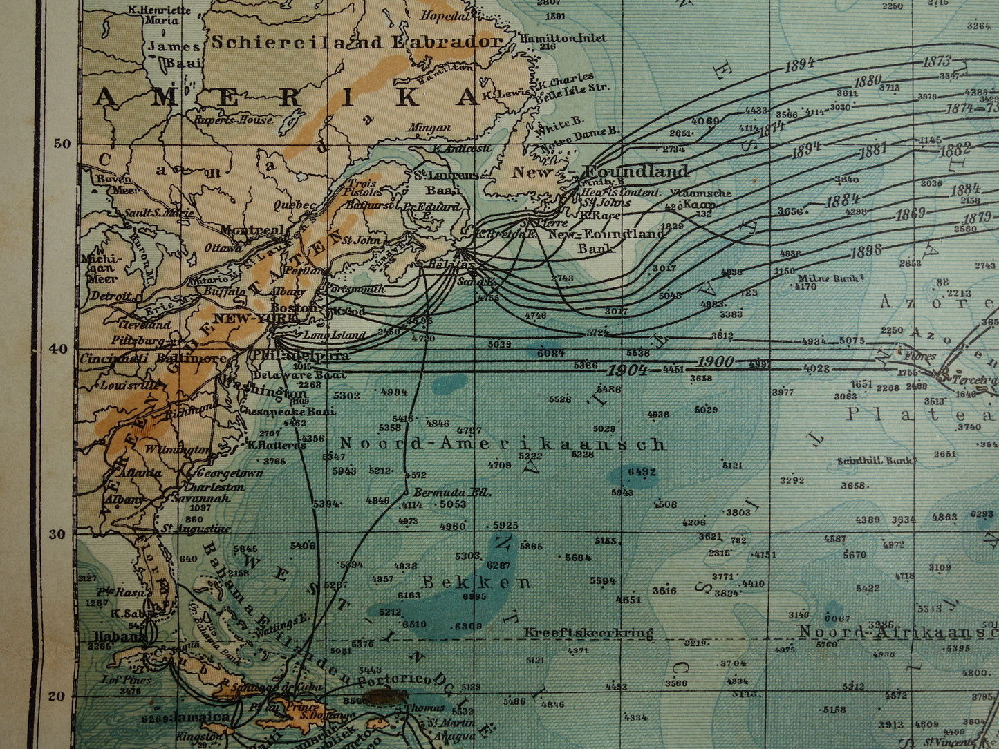 Oude kaart van de Atlantische Oceaan Originele 115+ jaar oude antieke Nederlandse landkaart