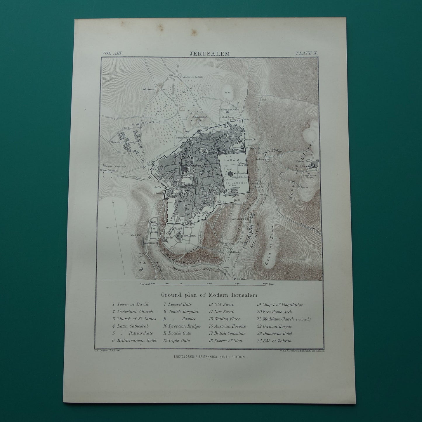 Oude plattegrond van Jeruzalem uit 1880 originele oude Engelse kaart Jeruzalem