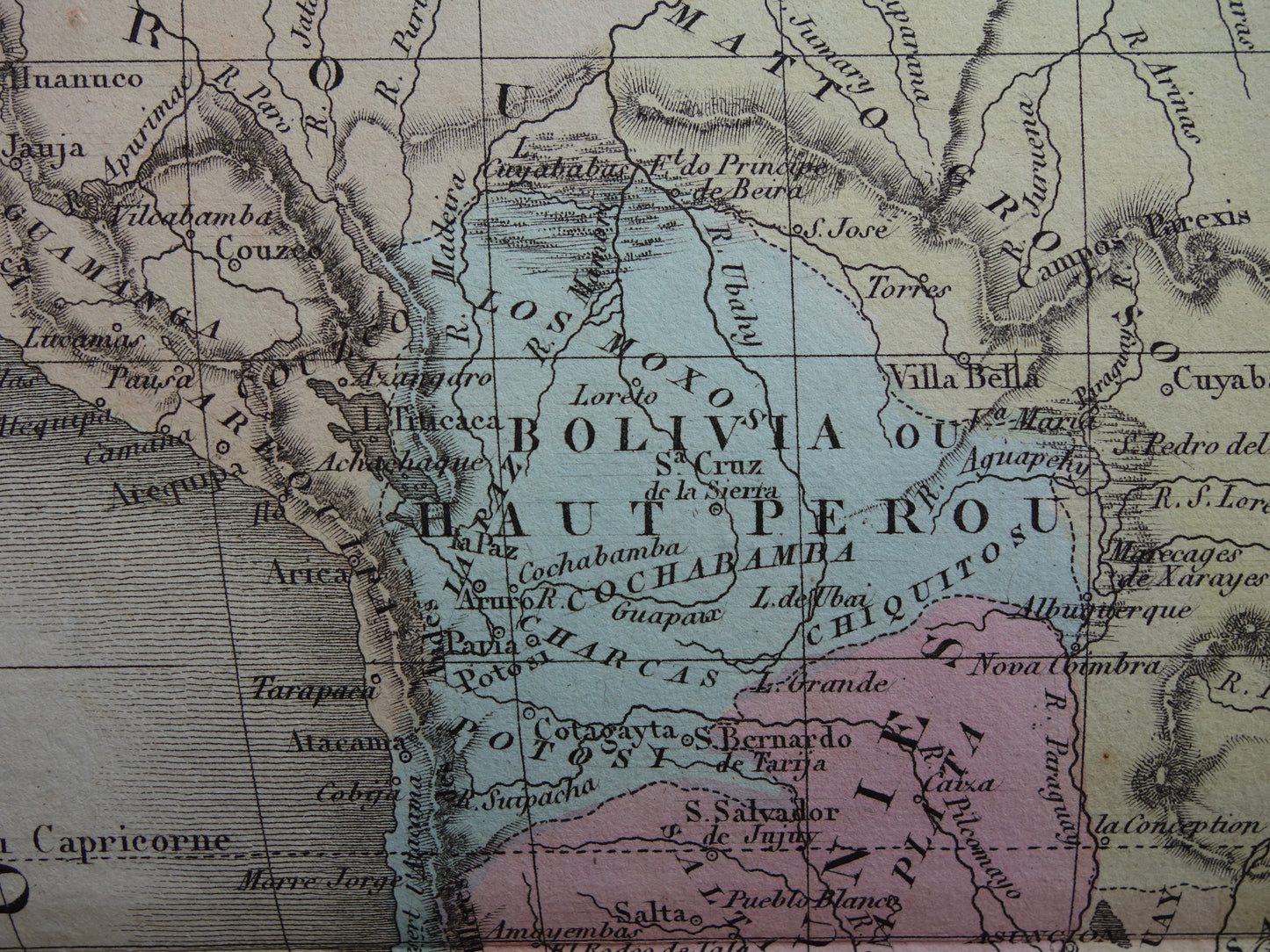 180+ jaar oude landkaart van Zuid-Amerika Originele Franse handgekleurde kaart uit 1838