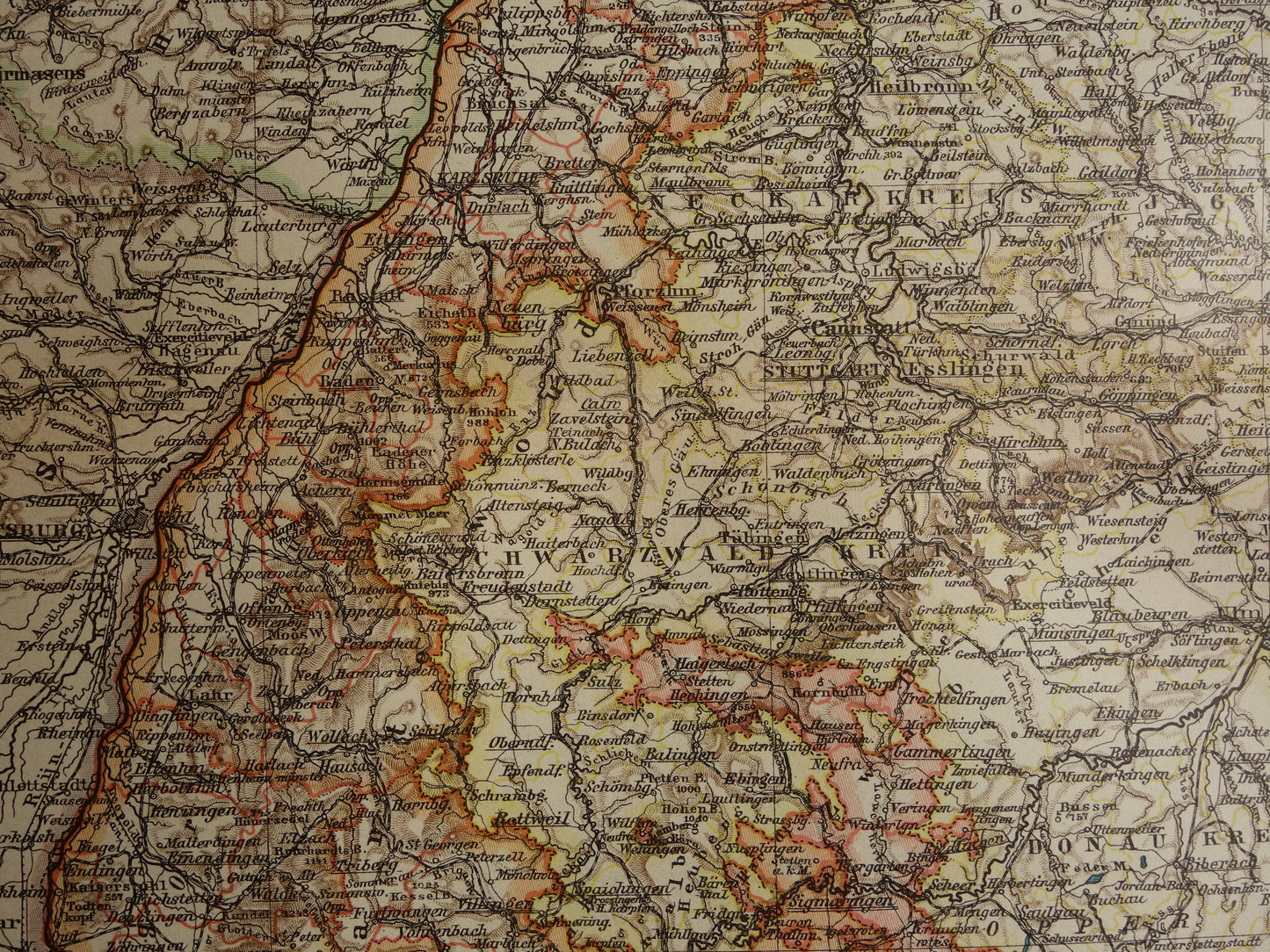 Oude kaart van Baden Hohenzollern Wurttemberg Duitsland 1905 originele antieke Nederlandse landkaart Stuttgart Karlsruhe
