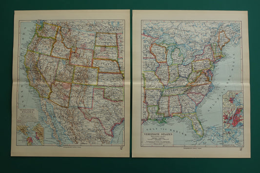 VERENIGDE STATEN set van twee kaarten uit 1928 Kleurrijke landkaart van de VS - originele vintage kaart landkaarten USA