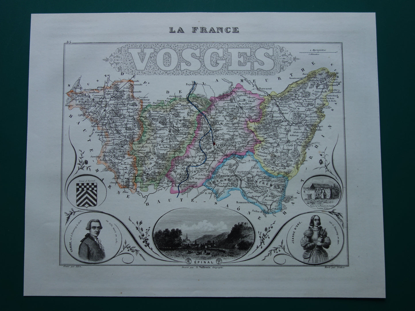 Oude kaart van VOSGES departement in Frankrijk uit 1856 originele antieke handgekleurde landkaart Épinal Contrexéville Gérardmer Jeanne d'Arc