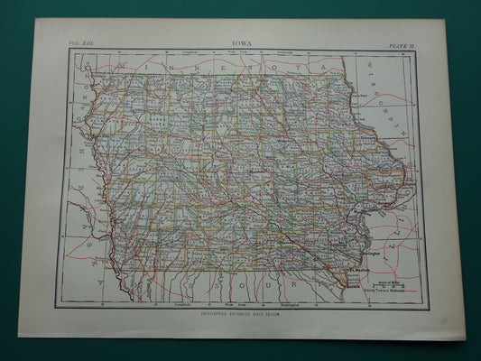 Oude kaart van Iowa Verenigde Staten uit 1880 originele antieke landkaart staat Iowa