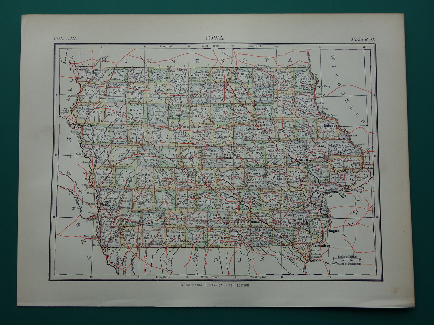 Oude kaart van Iowa Verenigde Staten uit 1880 originele antieke landkaart staat Iowa