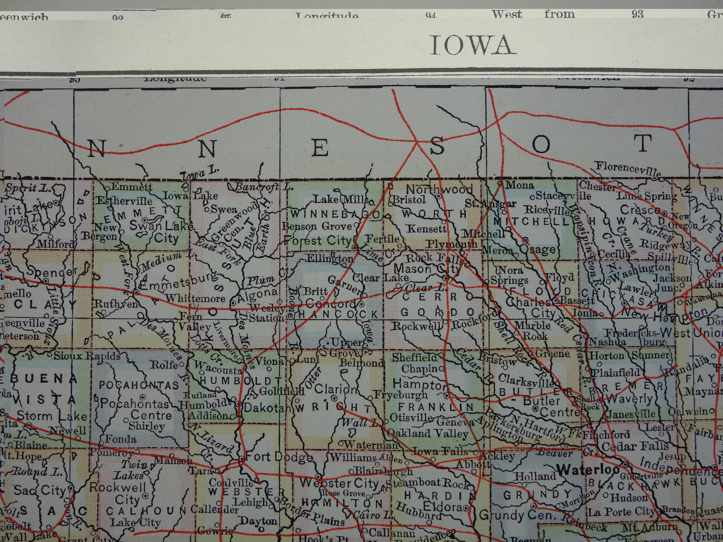 Oude kaart van Iowa Verenigde Staten uit 1880 originele antieke landkaart staat Iowa