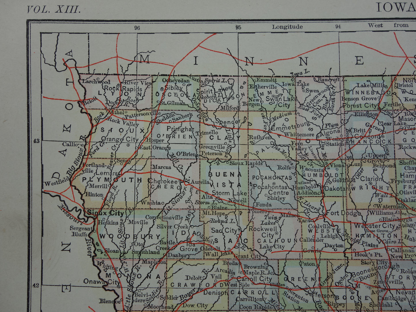 Oude kaart van Iowa Verenigde Staten uit 1880 originele antieke landkaart staat Iowa