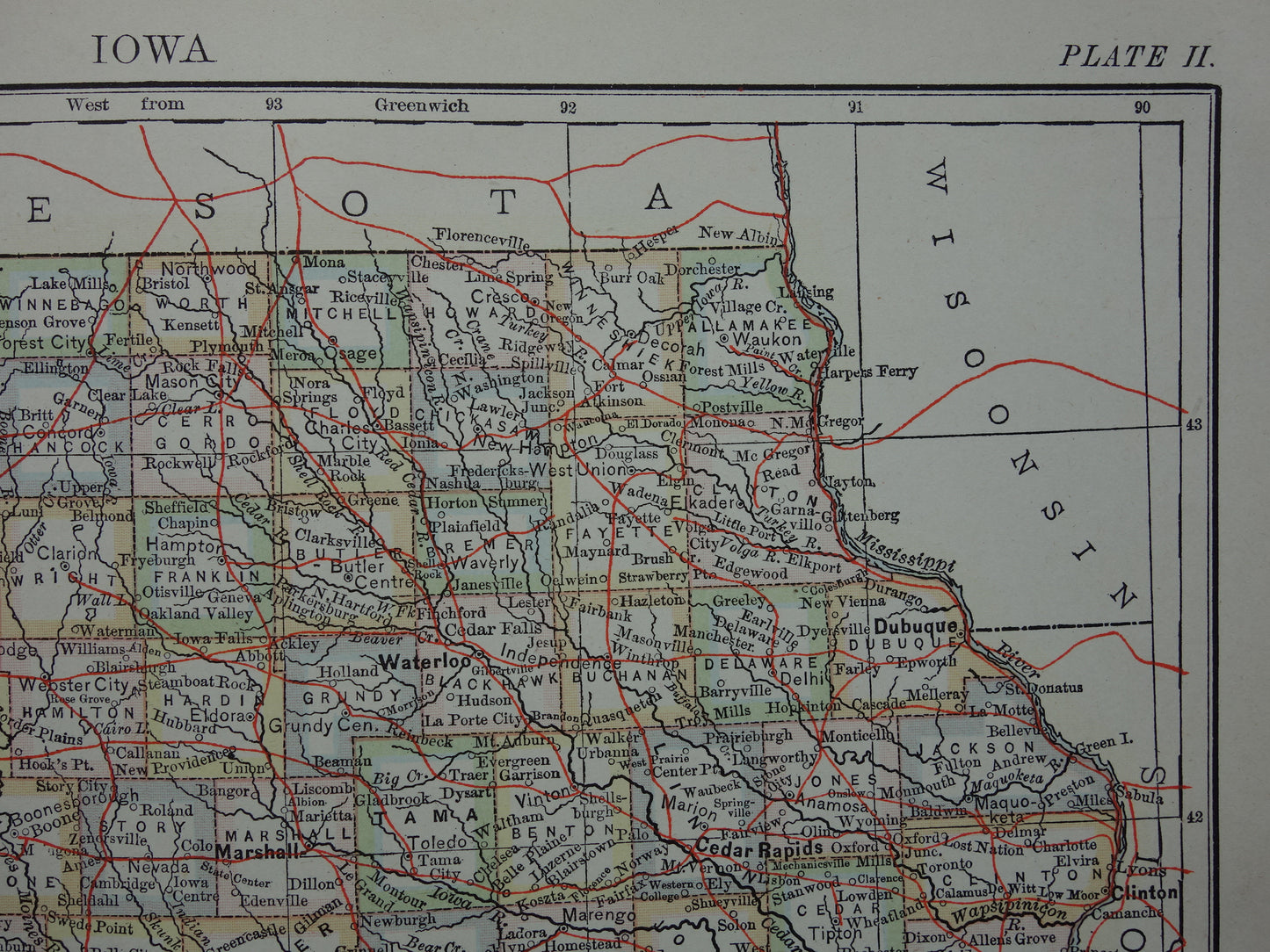 Oude kaart van Iowa Verenigde Staten uit 1880 originele antieke landkaart staat Iowa