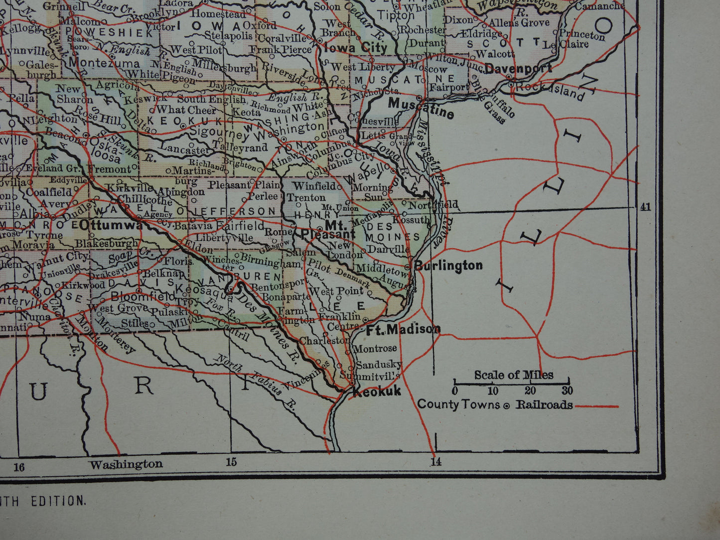 Oude kaart van Iowa Verenigde Staten uit 1880 originele antieke landkaart staat Iowa