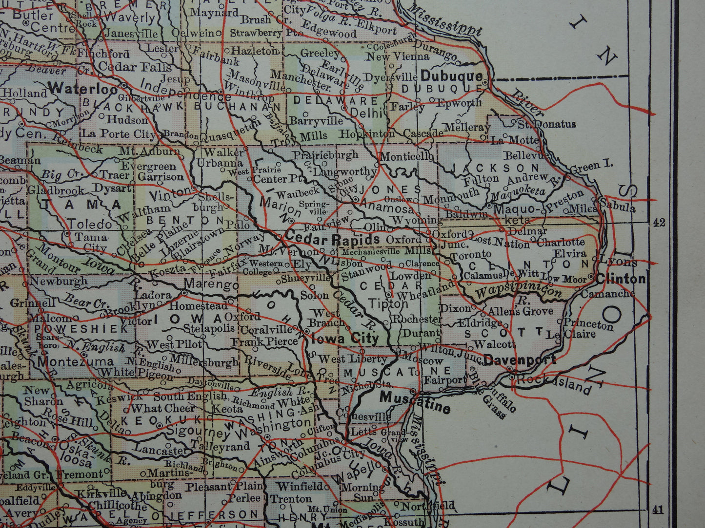 Oude kaart van Iowa Verenigde Staten uit 1880 originele antieke landkaart staat Iowa