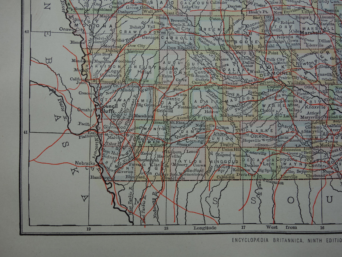 Oude kaart van Iowa Verenigde Staten uit 1880 originele antieke landkaart staat Iowa