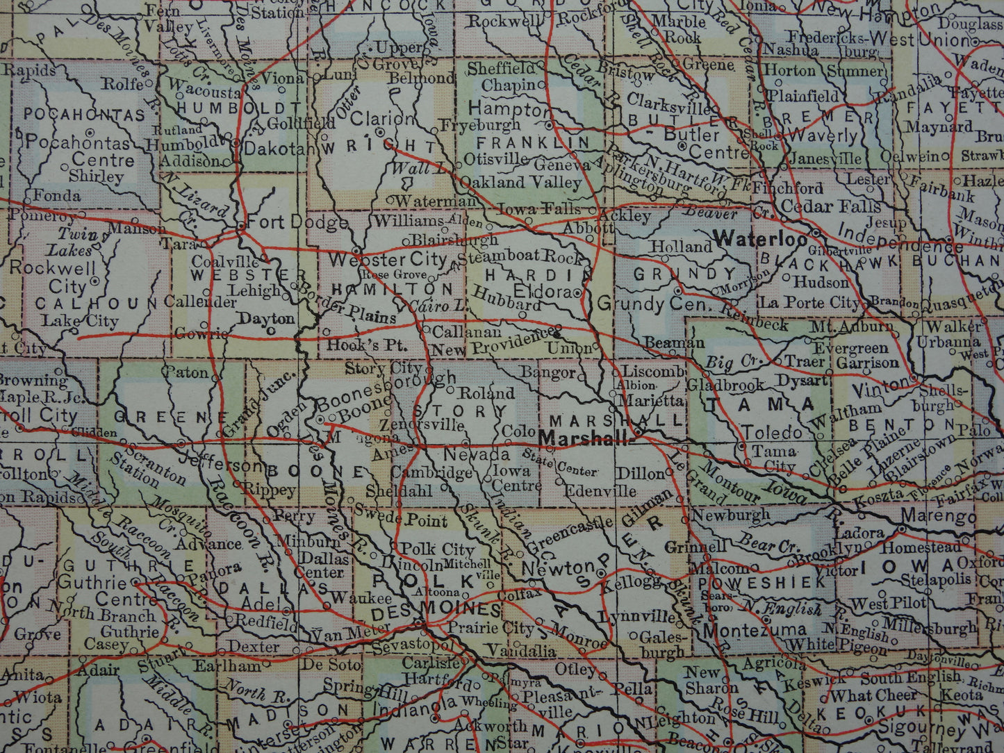 Oude kaart van Iowa Verenigde Staten uit 1880 originele antieke landkaart staat Iowa