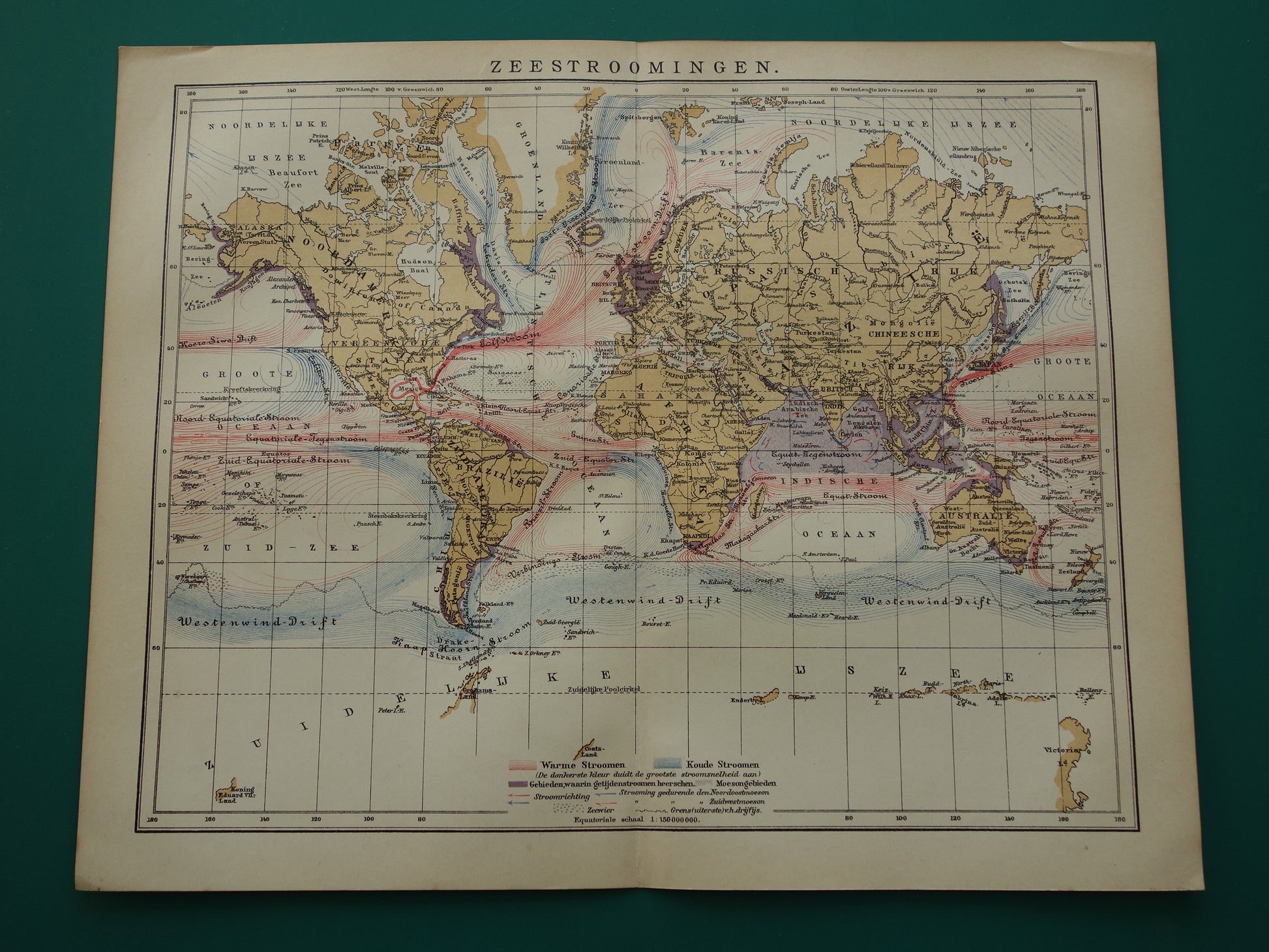 WERELDKAART oude kaart van zeestromingen Originele antieke Nederlandse kaart over getijden en oceaan stromingen