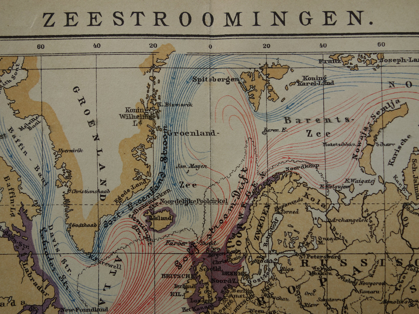 WERELDKAART oude kaart van zeestromingen Originele antieke Nederlandse kaart over getijden en oceaan stromingen