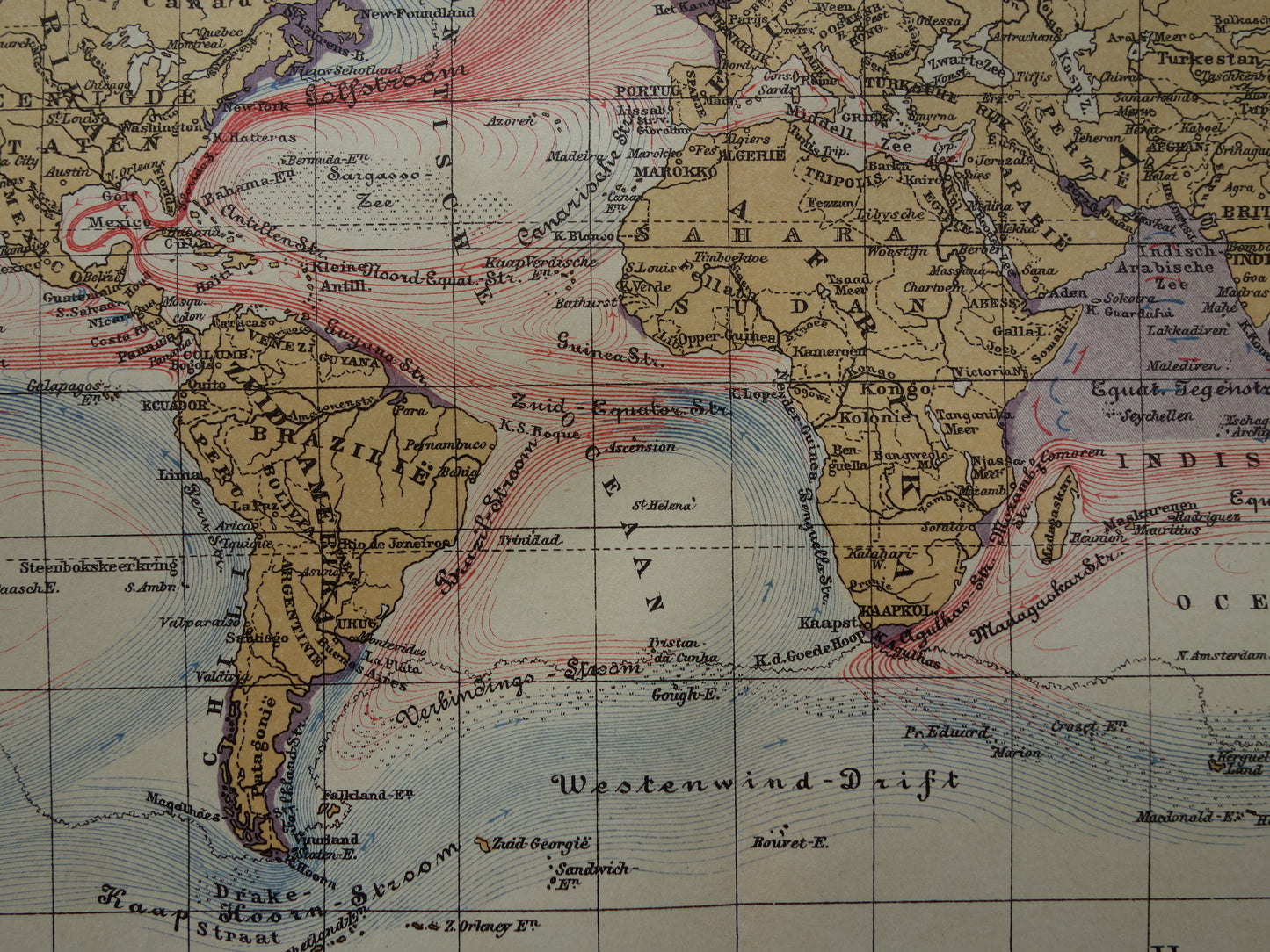 WERELDKAART oude kaart van zeestromingen Originele antieke Nederlandse kaart over getijden en oceaan stromingen