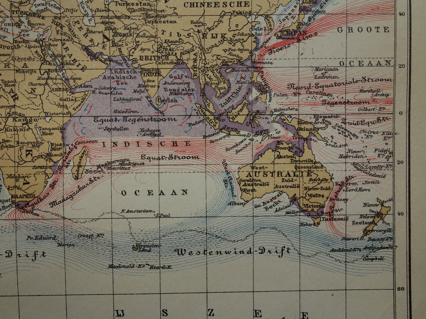 WERELDKAART oude kaart van zeestromingen Originele antieke Nederlandse kaart over getijden en oceaan stromingen