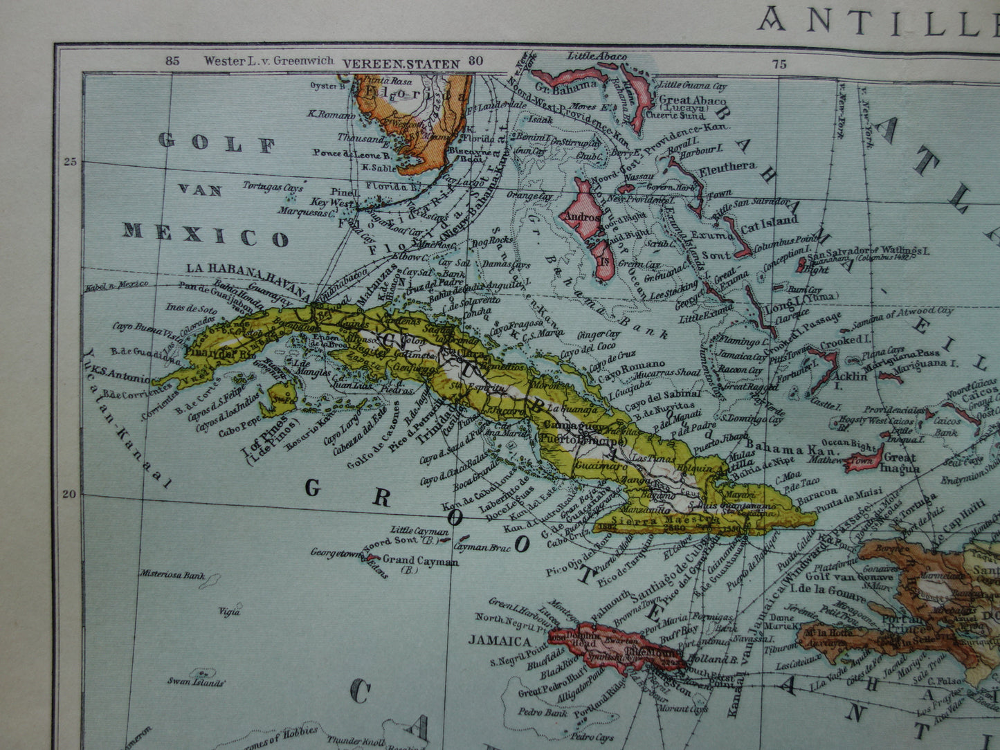 Antillen Alte niederländische Karte der Karibik 1914 Originale antike Karte