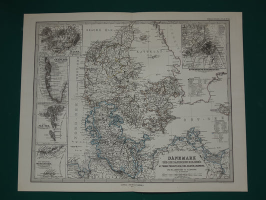 Oude kaart van Denemarken 1877 originele antieke landkaart Kopenhagen Ijsland Groenland vintage kaarten met jaartal