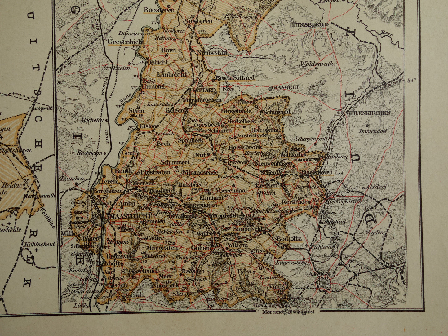 LIMBURG Oude landkaart van de provincie Limburg uit 1909 originele antieke kaart Maastricht Heerlen Roermond historische kaarten