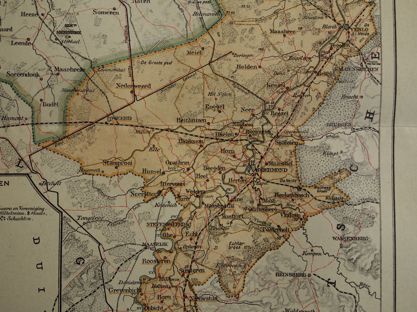 LIMBURG Oude landkaart van de provincie Limburg uit 1909 originele antieke kaart Maastricht Heerlen Roermond historische kaarten