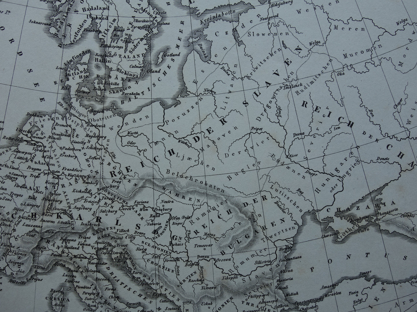 Antieke kaart van EUROPA tijdens Karel de Grote 170+ jaar oude landkaart van continent uit 1849 - originele vintage historische kaarten Rijk Carolus Magnus