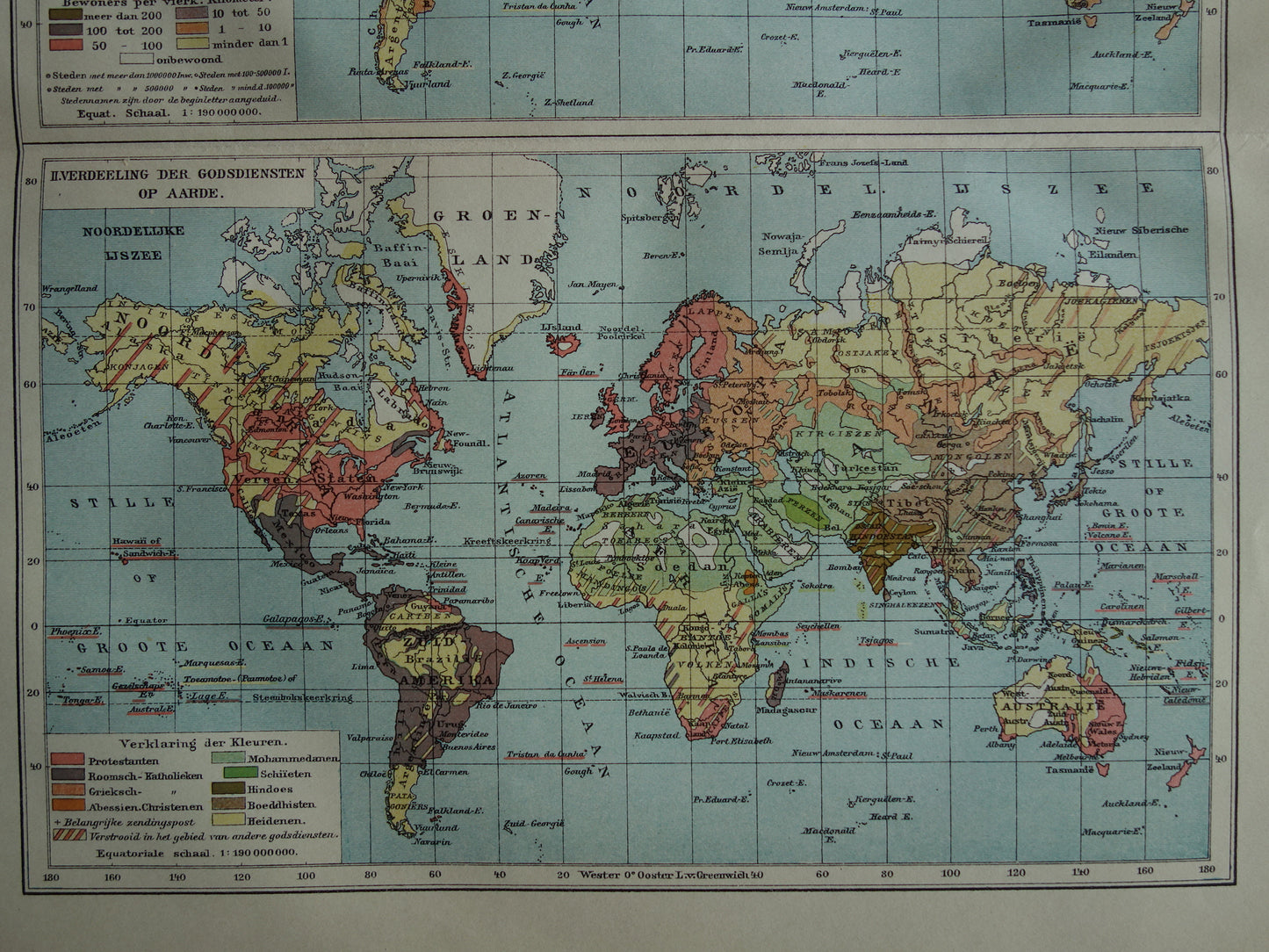 Oude wereldkaart bevolkingsdichtheid en religie 1914 originele antieke Nederlandse kaart van de wereld