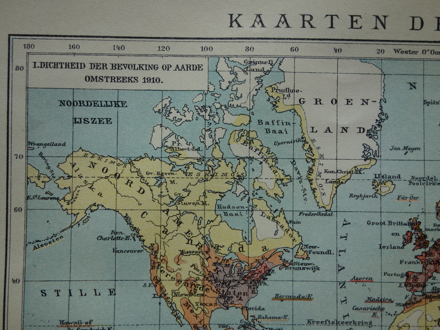 Oude wereldkaart bevolkingsdichtheid en religie 1914 originele antieke Nederlandse kaart van de wereld