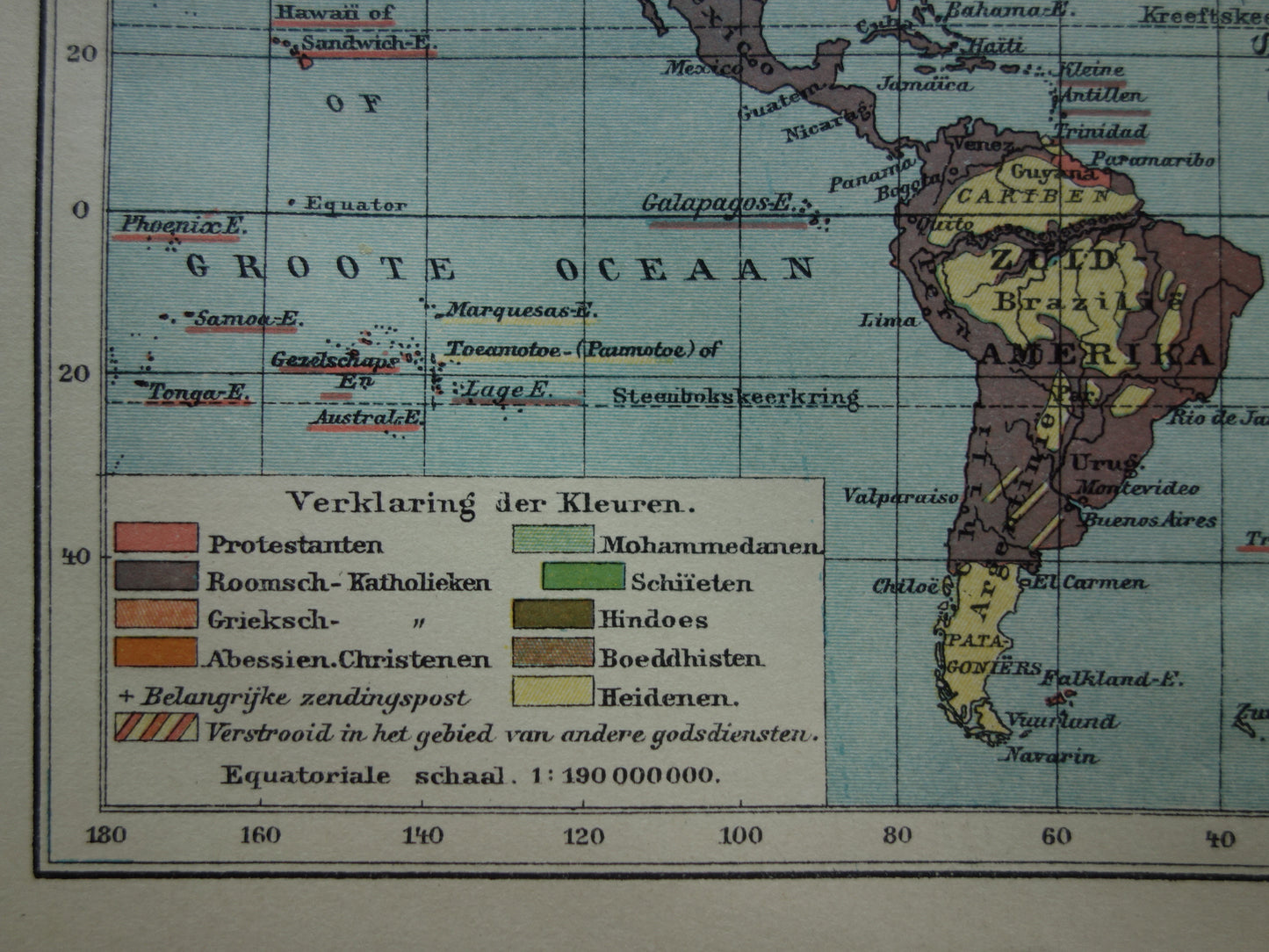 Oude wereldkaart bevolkingsdichtheid en religie 1914 originele antieke Nederlandse kaart van de wereld