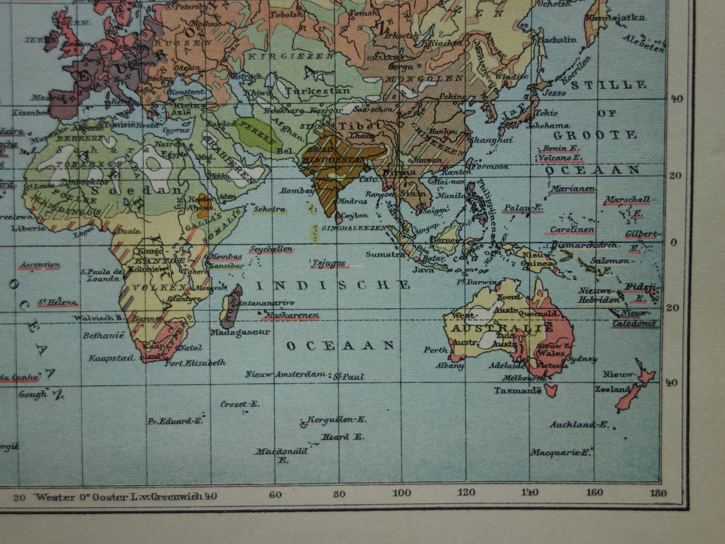 Oude wereldkaart bevolkingsdichtheid en religie 1914 originele antieke Nederlandse kaart van de wereld