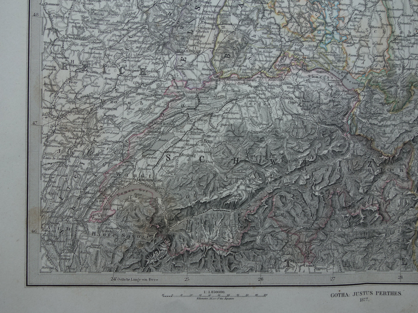 Oude landkaart van Zuid-Duitsland en Zwitserland originele 145+ jaar oude antieke kaart Elzas Lotharingen Württemberg Beieren