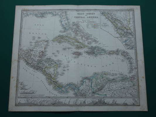 Antieke kaart van ANTILLEN 155+ jaar oude handgekleurde landkaart Curaçao Aruba Cuba Haïti Puerto Rico 1868