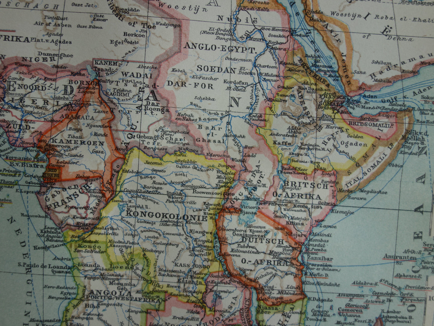 Antieke kaart van Afrika uit 1914 originele vintage landkaart van Afrika continent oude Nederlandse kaarten