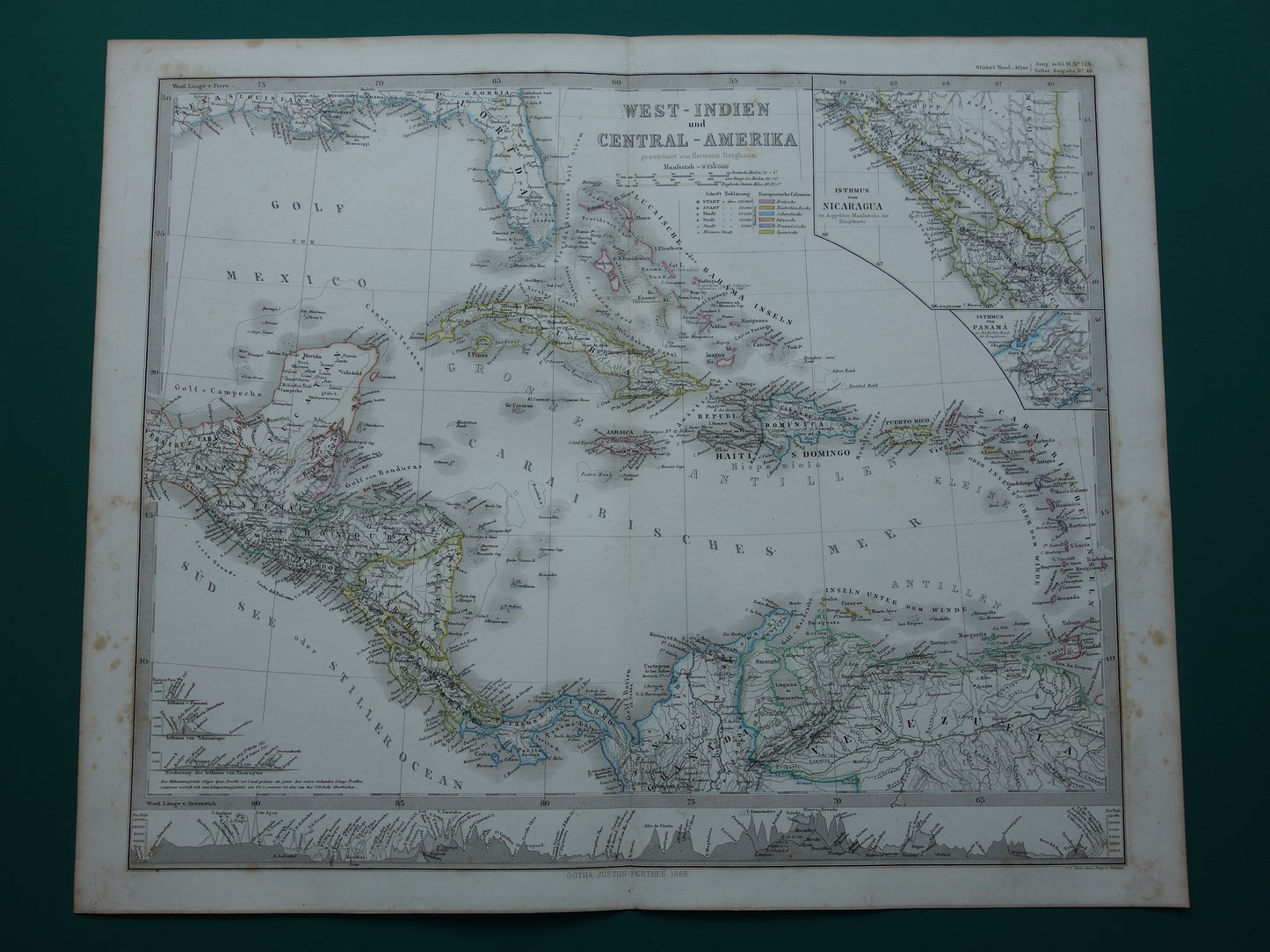 Antieke kaart van ANTILLEN 155+ jaar oude handgekleurde landkaart Curaçao Aruba Cuba Haïti Puerto Rico 1860