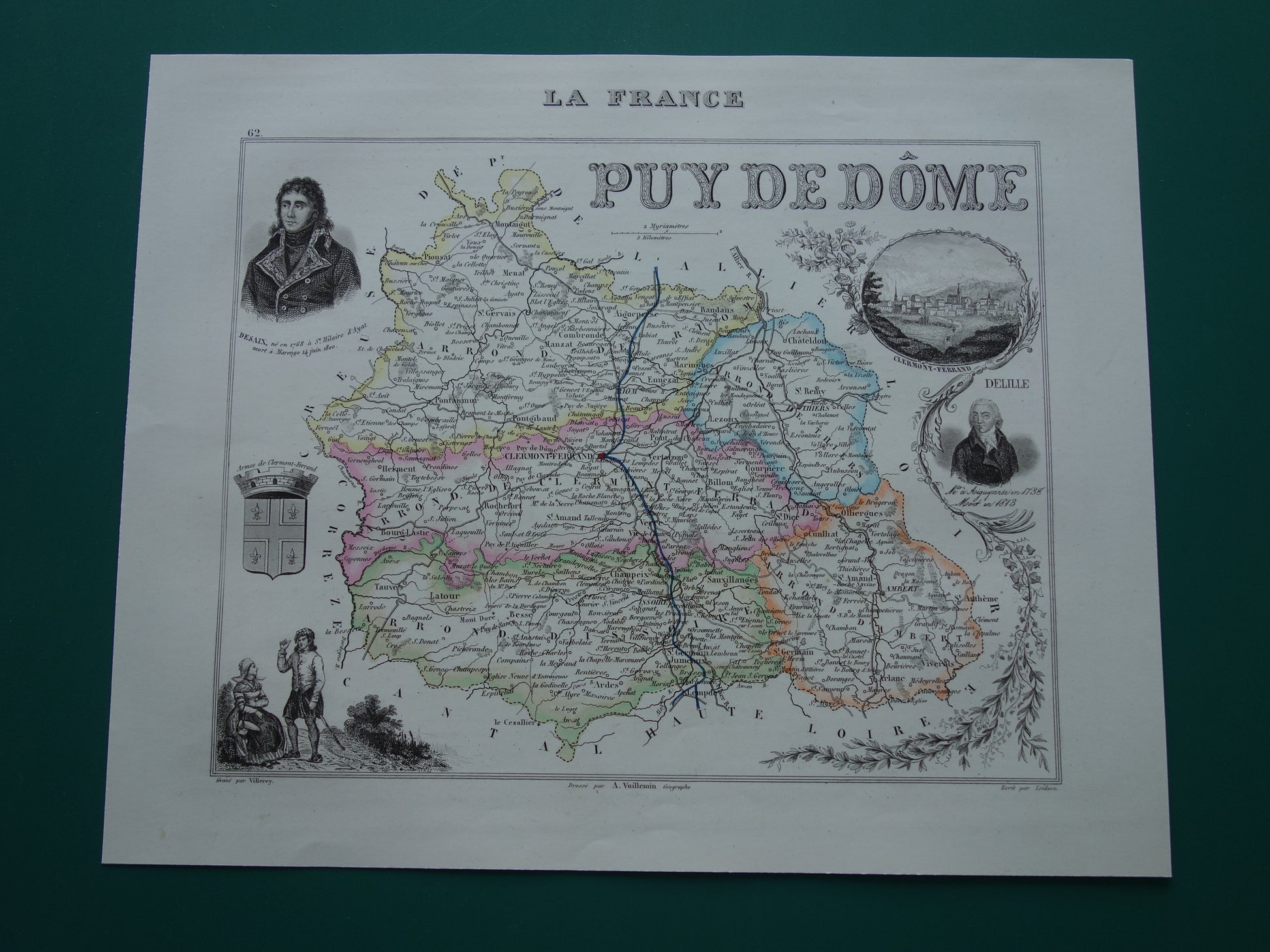 Oude kaart van Puy-de-Dôme departement in Frankrijk uit 1856 originele oude handgekleurde landkaart Clermont-Ferrant Puy de Dome