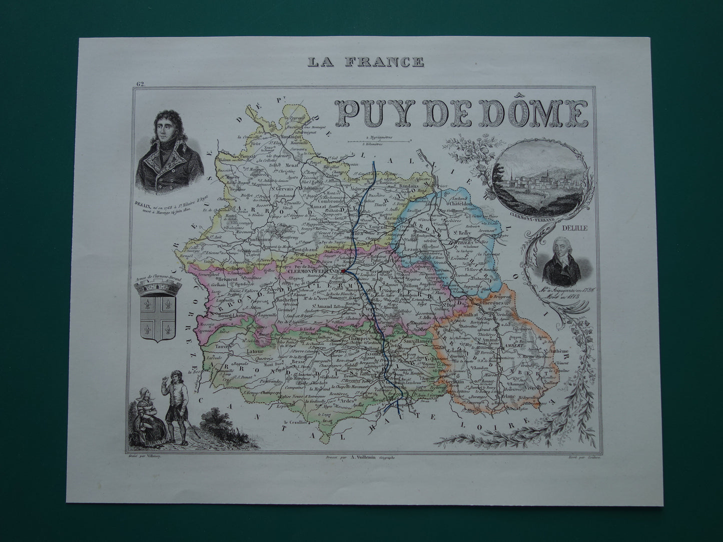 Oude kaart van Puy-de-Dôme departement in Frankrijk uit 1856 originele oude handgekleurde landkaart Clermont-Ferrant Puy de Dome