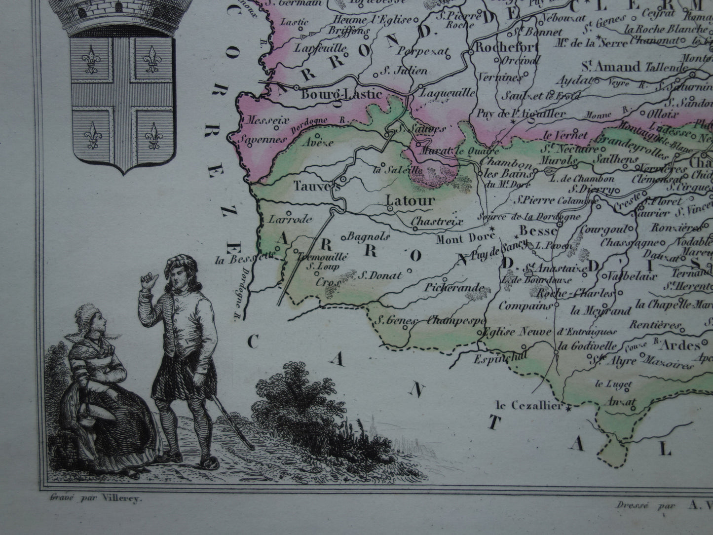 Oude kaart van Puy-de-Dôme departement in Frankrijk uit 1856 originele oude handgekleurde landkaart Clermont-Ferrant Puy de Dome