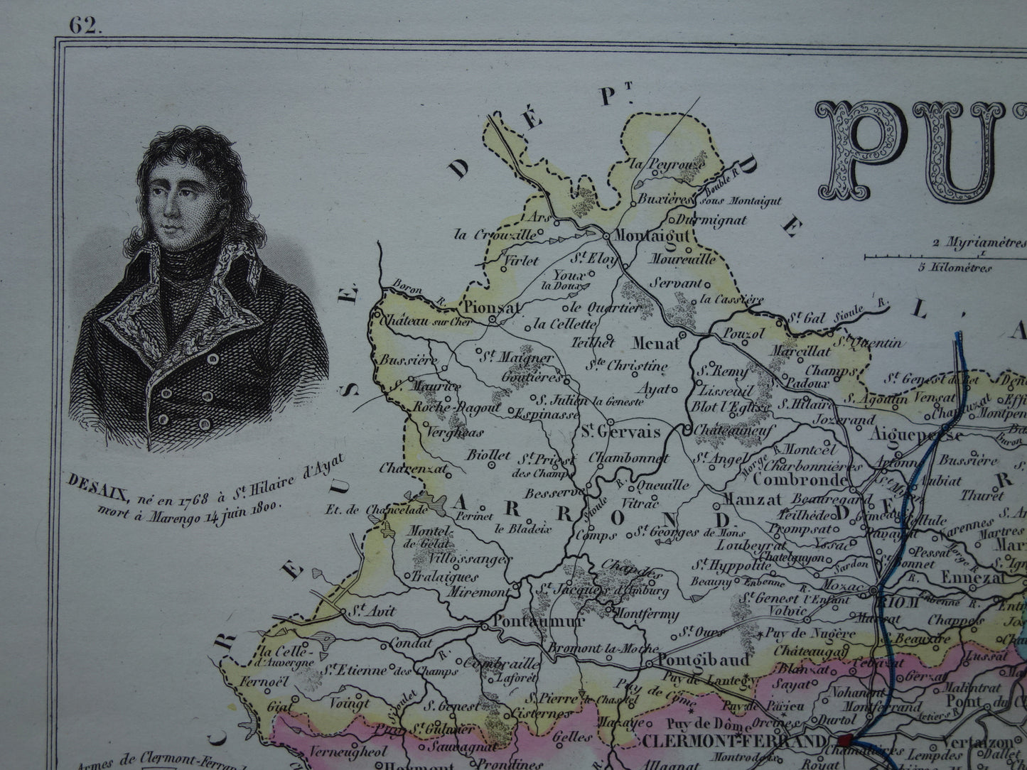 Oude kaart van Puy-de-Dôme departement in Frankrijk uit 1856 originele oude handgekleurde landkaart Clermont-Ferrant Puy de Dome