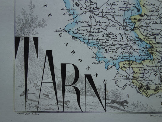 Oude kaart van TARN departement in Frankrijk uit 1856 originele antieke handgekleurde landkaart Albi Castres Gaillac Graulhet Carmaux