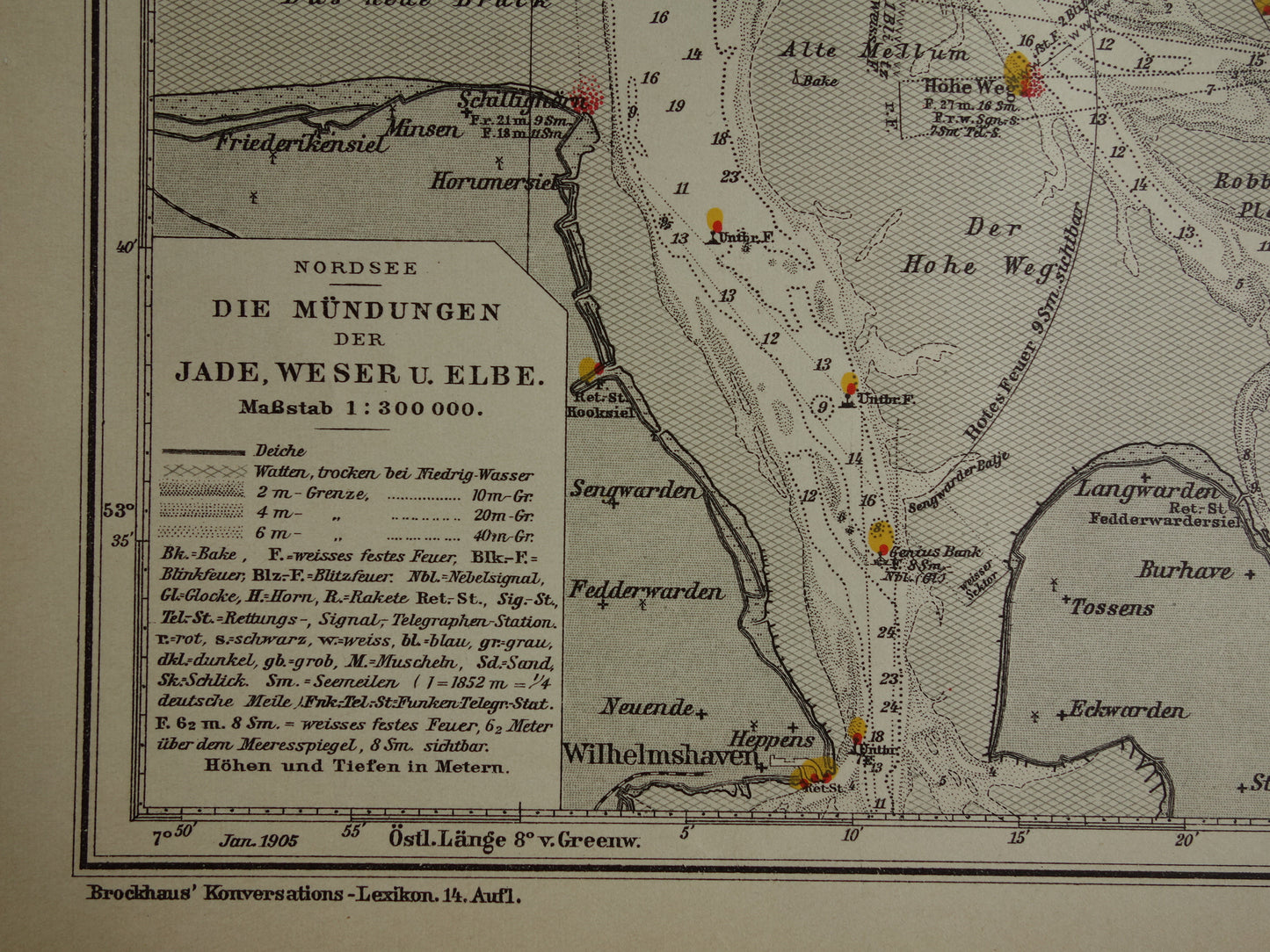 Oude kaart monding van Jade Weser Elbe rivier 1905 originele Duitse antieke print van delta Noordzee gedateerde vintage kaarten Bremerhaven zeekaart diepte