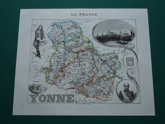 YONNE Frankrijk oude kaart uit 1856 originele antieke handgekleurde landkaart departement Auxerre