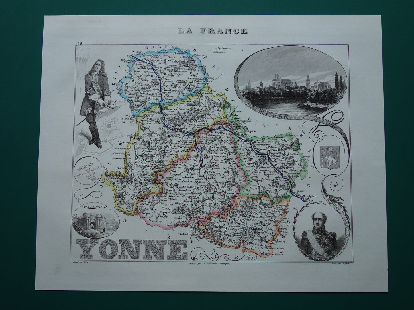 YONNE Frankrijk oude kaart uit 1856 originele antieke handgekleurde landkaart departement Auxerre