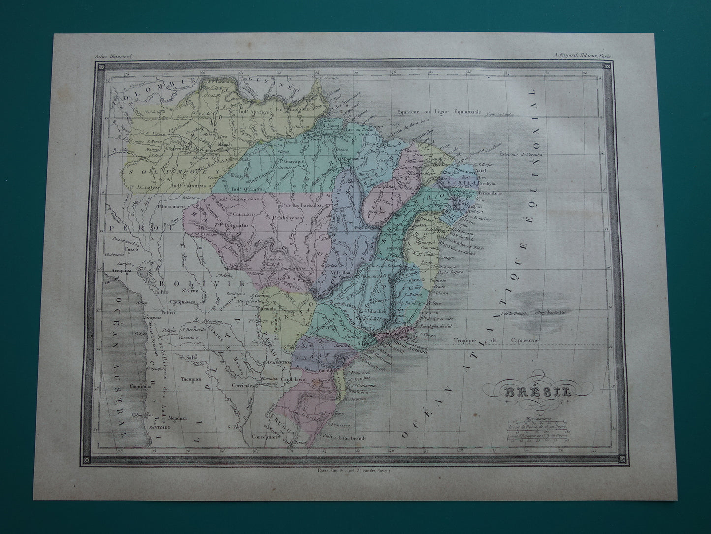 BRAZILIË Oude kaart van Brazilië Originele antieke handgekleurde landkaart uit 1877