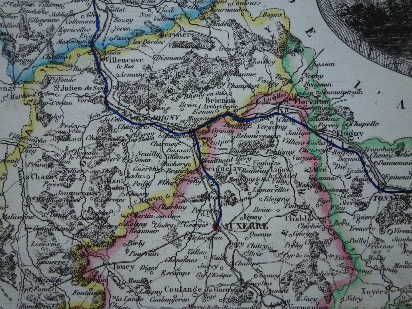 YONNE Frankrijk oude kaart uit 1856 originele antieke handgekleurde landkaart departement Auxerre