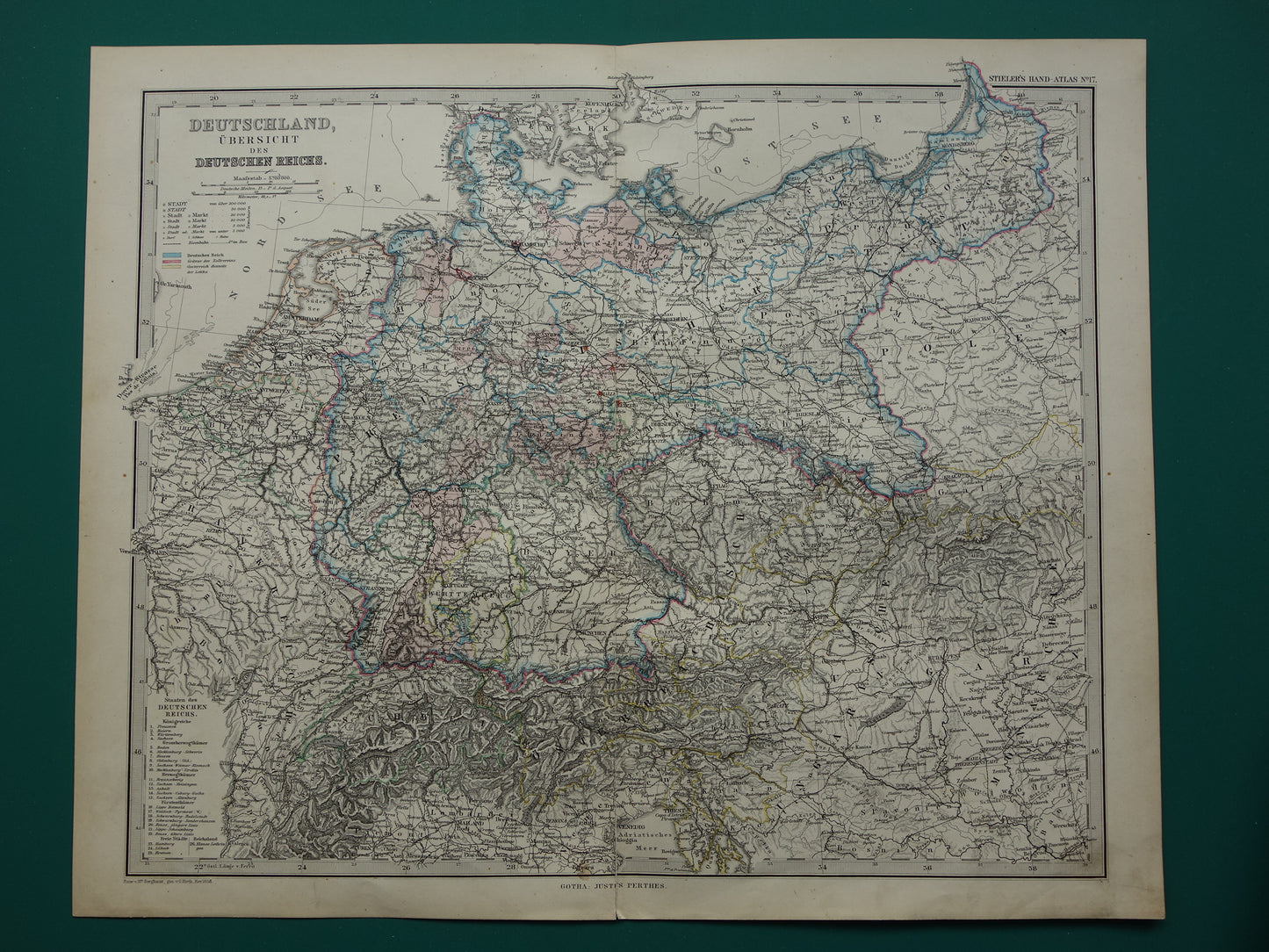 DUITSLAND Antieke landkaart van het Duitse Rijk in 1886 Grote originele 135+ jaar oude kaart Berlijn Pruissen Polen