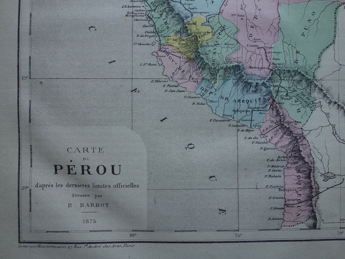 PERU Oude kaart van Peru uit 1877 originele antieke handgekleurde Franse landkaart Peru vintage kaarten