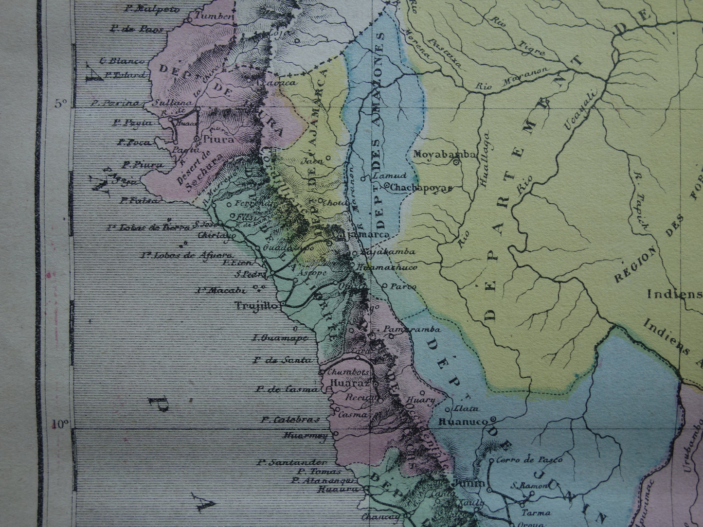 PERU Oude kaart van Peru uit 1877 originele antieke handgekleurde Franse landkaart Peru vintage kaarten
