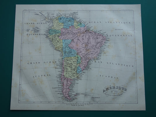 ZUID-AMERIKA Oude kaart van Brazili Argentinië Patagonië Originele antieke handgekleurde landkaart continent