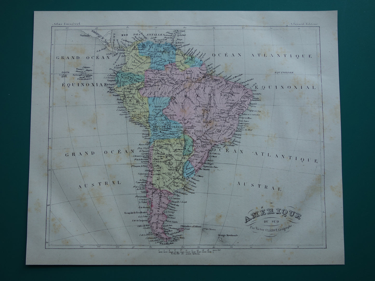 ZUID-AMERIKA Oude kaart van Brazilië Argentinië Patagonië Originele antieke handgekleurde landkaart continent
