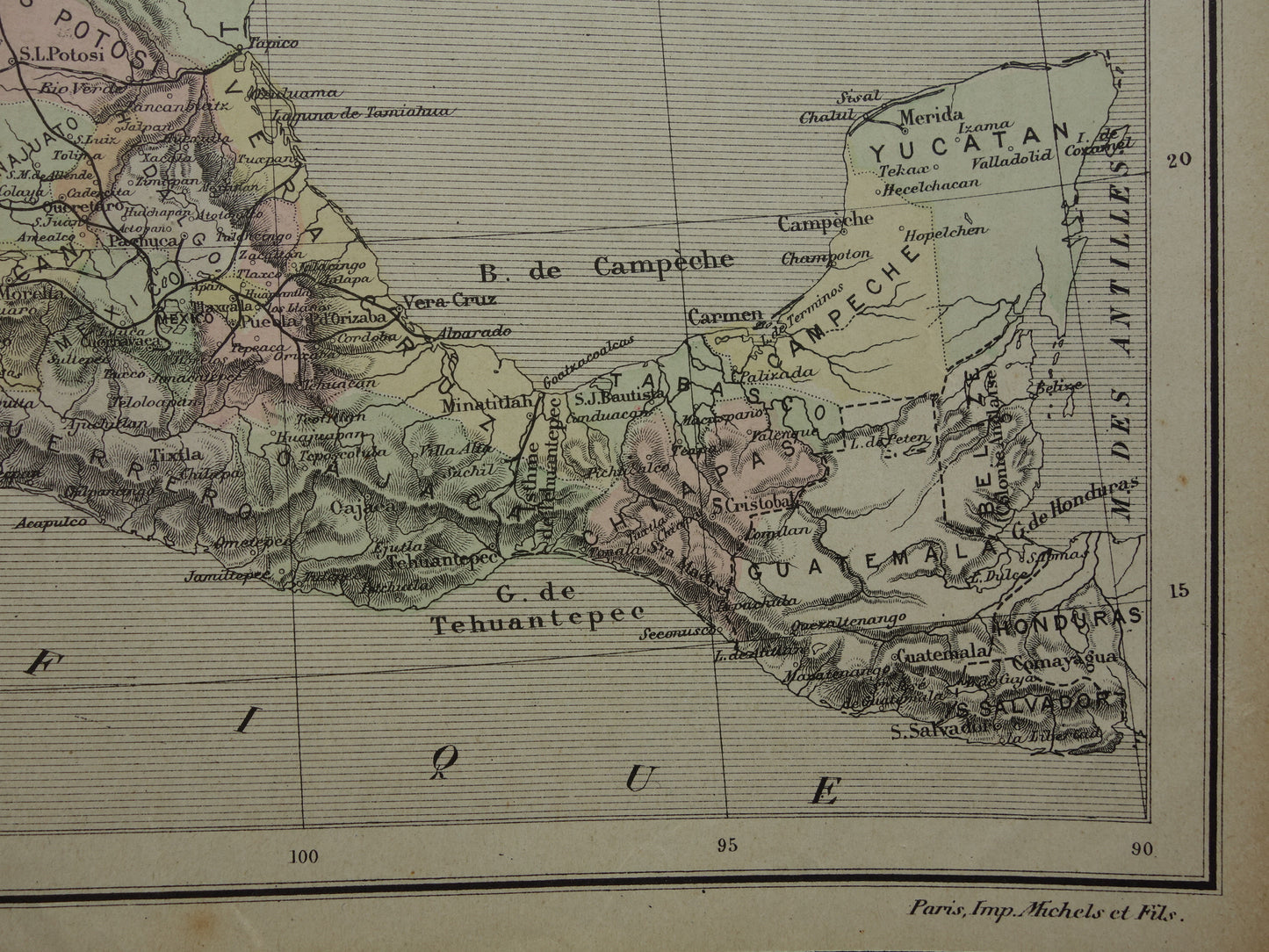MEXICO oude kaart van Mexico 1896 originele antieke Franse landkaart