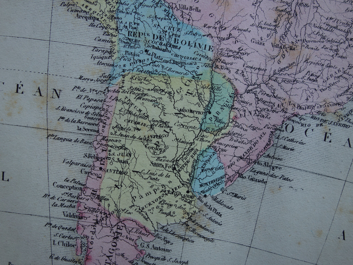 ZUID-AMERIKA Oude kaart van Brazilië Argentinië Patagonië Originele antieke handgekleurde landkaart continent