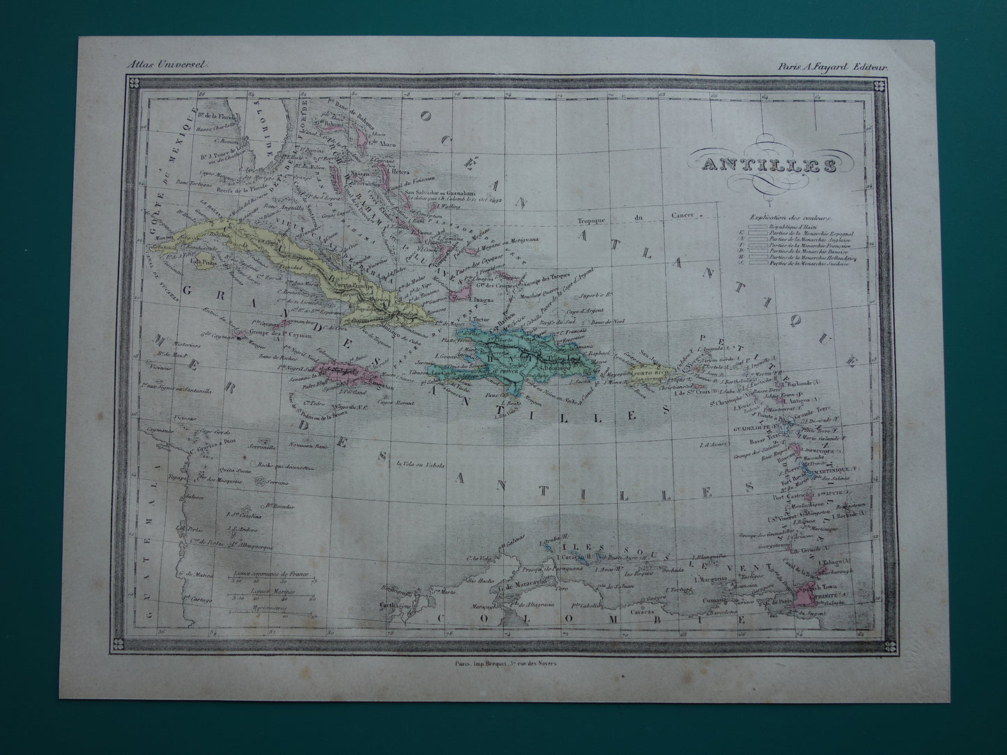 Oude kaart van ANTILLEN 145+ jaar oude handgekleurde landkaart Curaçao Aruba Cuba Haïti Puerto Rico Caribisch Gebied